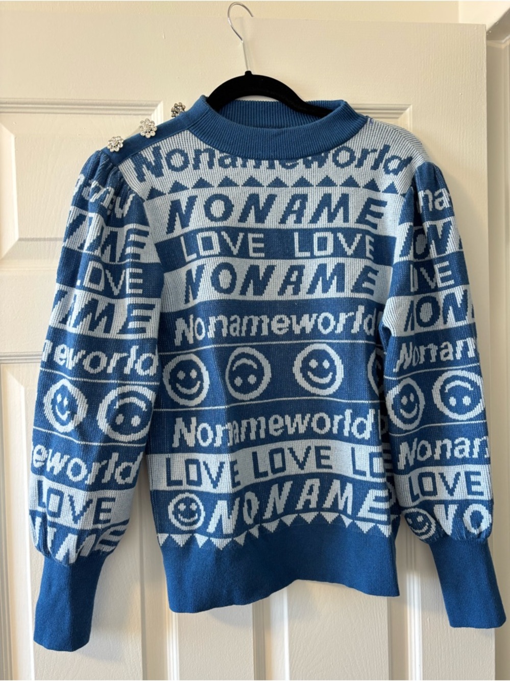 Ganni inspired Anoname Blue & Light Blue 'LOVE' Graphic Knit Sweater